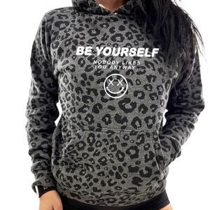 Salty Savage Be Yourself Leopard Print Pullover Sweatshirt Hoodie in Gray Unisex